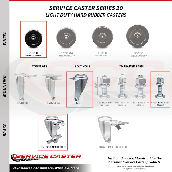 Service Caster 3 Inch SS Hard Rubber Wheel Swivel 10mm Threaded Stem Caster Brakes, 2PK SCC-SSTS20S314-HRS-M1015-2-TLB-2 - main